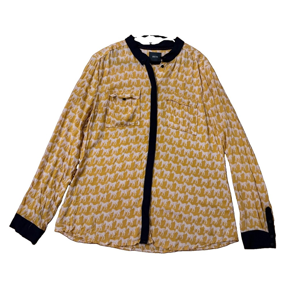 Anthropologie Maeve Bagatelle Horse Print Blouse Size 14 Yellow Navy Equestrian